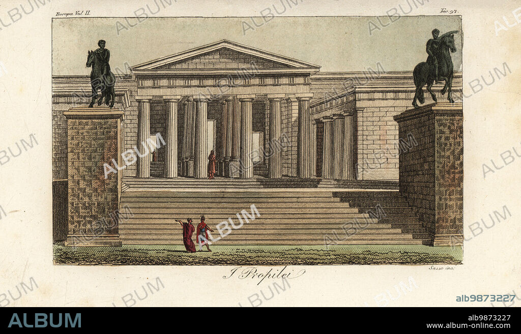 View of the Propylaea, entrance to the Acropolis, Athens, Greece. At right, the Temple of Athena Nike, and at left, the building with the paintings of the Greek painter Polignotus. I Propilei. Handcoloured copperplate engraving by Giovanni Antonio Sasso from Giulio Ferrarios Costumes Ancient and Modern of the Peoples of the World, Il Costume Antico e Moderno, Florence, 1826.