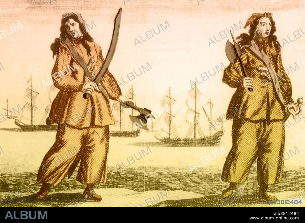 Mary Read (1680/1690-1721) was an English pirate. In male disguise, she joined the British military, proved herself through battle, but she fell in love with a Flemish soldier. When they married, she dressed as a woman for the first time in her life. Upon her husband's early death, Read resumed male dress. In 1720 she joined pirate John "Calico Jack" Rackham and his companion, Anne Bonny. Anne Bonny (1702-1782) was an Irish red-haired beauty and considered a good catch. She married a poor sailor and small-time pirate named James Bonny and the wound up in the Bahamas. She met Calico Jack and became his mistress. In 1720 Rackham and his crew were arrested and brought to trial in Jamaica, where they were sentenced to hang for acts of piracy. The women escaped the noose when they revealed they were both pregnant. Read died in prison in April 1721, but there is no record of burial of her baby. Bonny disappeared from the historical record, presumed to have lived a long life in Colonial America.