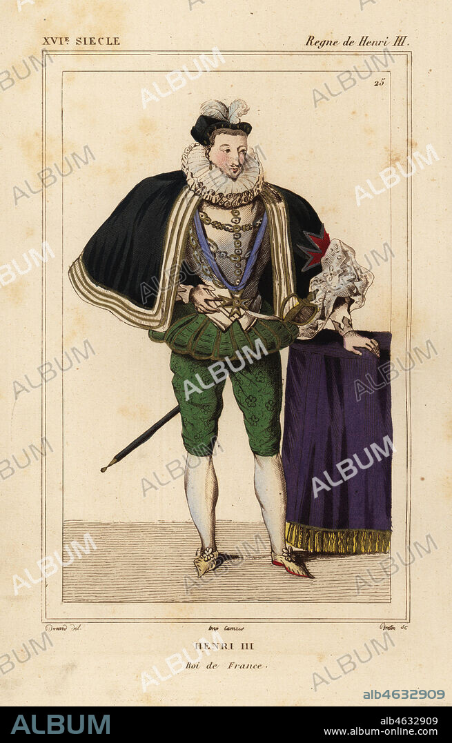 King Henri III of France. Illustration by Dunand, lithograph by Breton after a portrait in Roger de Gaignieres' gallery portfolio IX 48 from Le Bibliophile Jacob aka Paul Lacroix's Costumes Historiques de la France (Historical Costumes of France), Administration de Librairie, Paris, 1852.