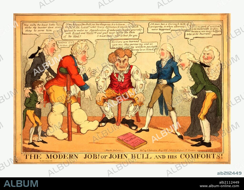 The modern Job! or John Bull and his comforts!, engraving 1816, John Bull, in tattered clothes, seated on a stool, gazing gloomily at a book on the ground: The Extraordinary Red Book. He is surrounded by the Regent with two gouty legs supported on crutches, Liverpool, McMahon, Canning, Sidmouth, Ellenborough, the Duke of York, and the Dukes of Kent and Cambridge.