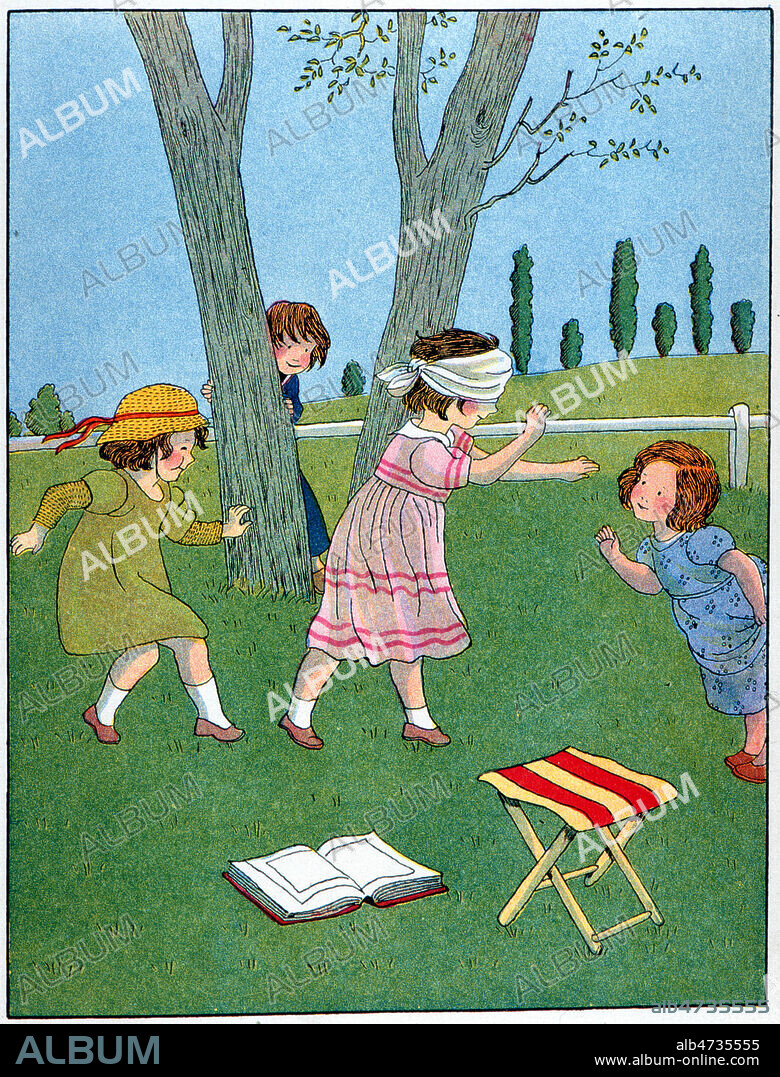 Des fillettes jouent a colin-maillard. Illustration tiree du livre 'Jeux' par Marie-Madeleine FRANC-NOHAIN (1879-1942) en 1934. Credit : Collection KHARBINE-TAPABOR.