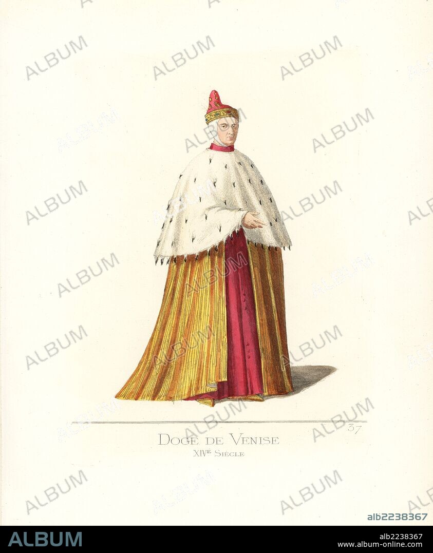 Doge of Venice, 14th century. He wears a ducal hat or corno in crimson velvet with a gold crown, ermine almuce, gold-brocade simar, crimson robe and gold shoes. From a sepulchral monument to Michele Steno (1331-1413) in Basilica Giovani e Paelo, Venice. Handcoloured illustration drawn and lithographed by Paul Mercuri with text by Camille Bonnard from "Historical Costumes from the 12th to 15th Centuries," Levy Fils, Paris, 1860.