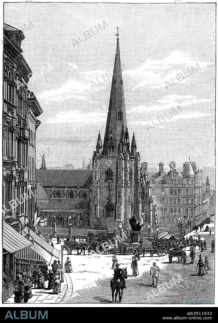 Church of St Martin in the Bull Ring, Birmingham, West Midlands, 1887. The church was originally built in the 13th century, but was demolished and replaced in 1873 by a new building designed by JA Chatwin that retained the earlier tower and spire. A print from The Illustrated London News, 2nd April 1887.