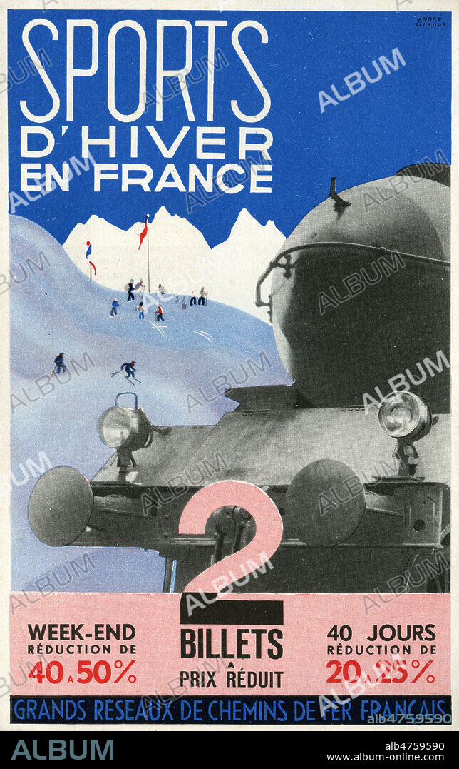 'Sports d'hiver en France. Deux billets a prix reduit'. Publicite de 1937 editee par les Grands reseaux de chemins de fer francais. Illustration par Andre GIROUX. Credit : Collection IM/KHARBINE-TAPABOR.