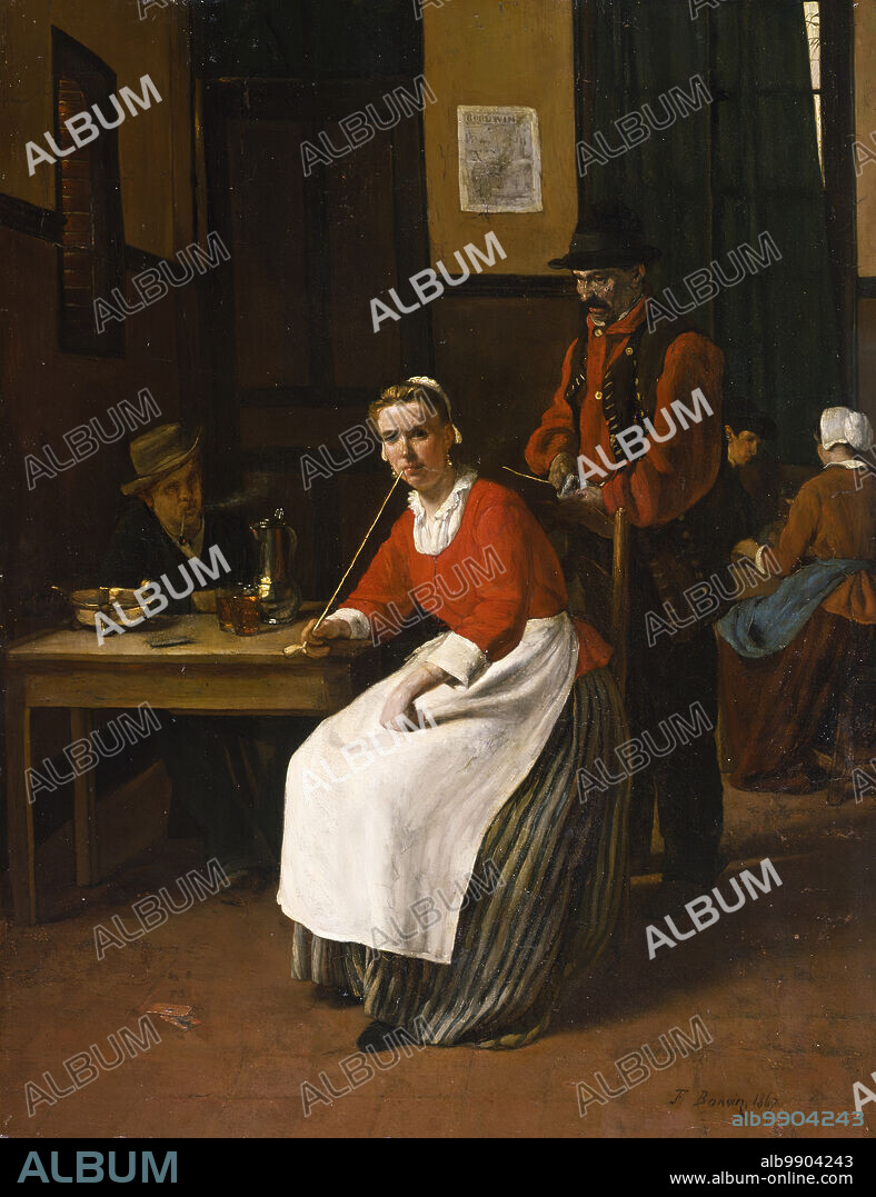 FRANCOIS BONVIN. Interior of a Tavern, 1867. In the Louvre Museum, Bonvin admired the genre paintings of the 17th-century Dutch and French masters and was also inspired by the works of the recently rediscovered Jean-Siméon Chardin, the 18th-century French still-life and genre painter. This work recalls The Card Players, a painting by the Dutch artist Pieter de Hooch. The placard hanging on the wall in the background bears the title GOODWIN, which is both an allusion to his family's inn, Le Bon Vin, in Vaugirard on the outskirts of Paris, and a play on the artist's surname Bonvin, or "good wine.".