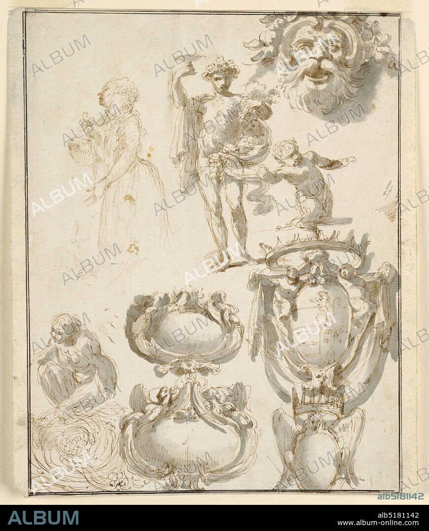 Sheet with Sketches, Giuseppe Bernardino Bison, Italian, 1762 - 1844, Pen and ink, brush and watercolor on paper, mounted, Upper left, a woman holds a flower to her breast. At right, Bacchus with faun child. Upper right, a bearded mask. Below, a variety of four escutcheons; the one at upper right has a coat-of-arms and is crowned., Italy, 17751800, ornament, Drawing, Drawing.