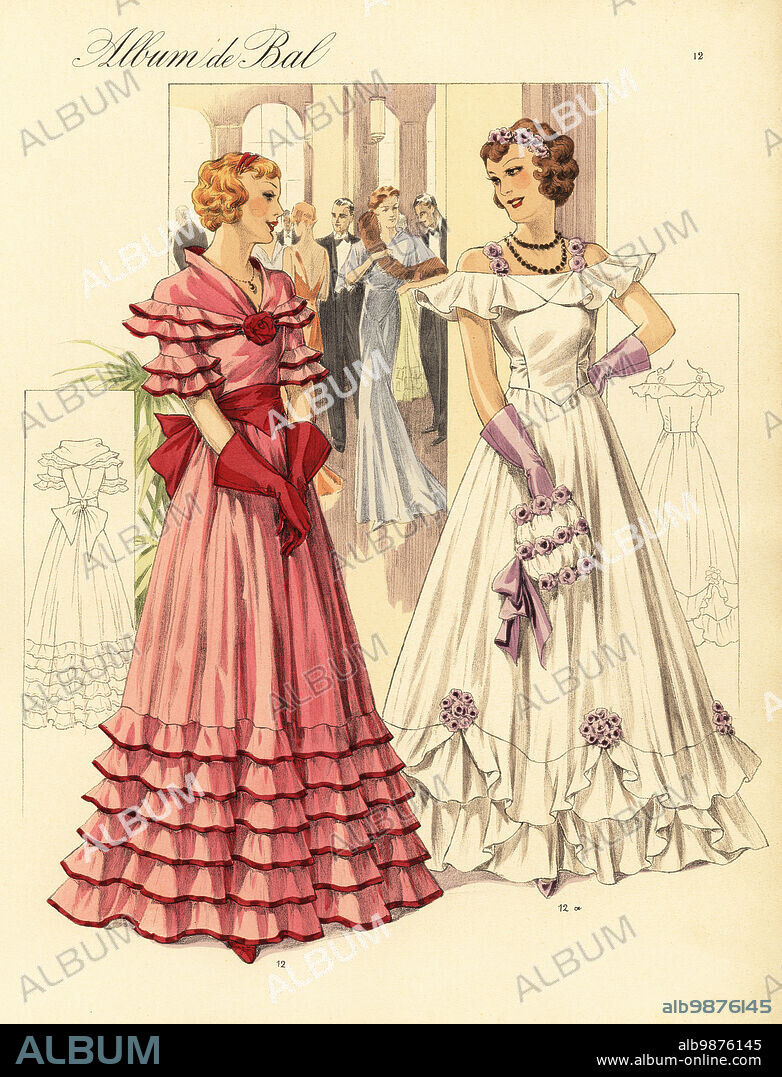 Style dresses in taffetas. Fichu, sleeve and skirt garniture formed of flounces, edged with cered ribbon, corselet belt with back bow of contrasting taffetas 12. Court decolletage held by roses, pointed corsage, godet frill on low-cut neck and skirt bottom 12a. Pochoir lithographic fashion plate of elegant ball gowsn from Album de Bal, Winter 1935, a special edition of the fashion magazine Chic Parisien, published by Atelier Bachwitz, Vienna, Austria, 1935.