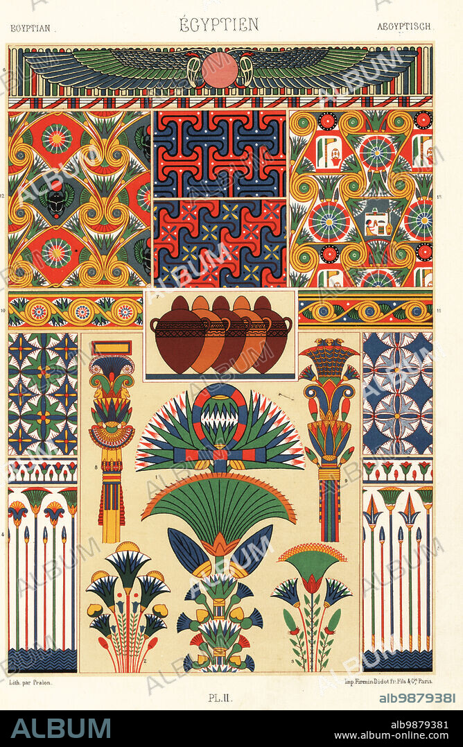 Decorative wall paintings from ancient Egypt. Bouquets 1,2,3, grounds, borders and bases from Thebes 4,5, painted sculpture from the Memnonium at Thebes 6, undulating frieze 7,10,11, painted sculptures 8,9, and ceiling with scarab beetle 12. Hand-finished chromolithograph by Pralon from Albert-Charles-Auguste Racinets LOrnement Polychrome, (Polychromatic Ornament), Firmin-Didot, Paris, 1869-73.