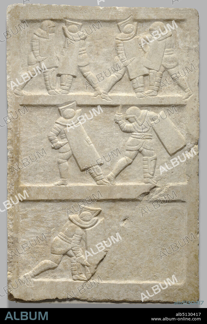 Relief with Gladiators, ca. 2nd century A.D., Marble, 122.6 × 80.2 × 6.2 cm (48 1/4 × 31 9/16 × 2 7/16 in.), Gladiatorial games originated as funerary rites in which the deceased was celebrated through physical competitions. For this reason, relief depictions of gladiatorial combat were sometimes used as grave markersprobably not for gladiators themselves, but for those whose lives such games may have commemorated. The games were particularly popular during the Roman Empire; in fact, most of the known funerary depictions of gladiators are Imperial in date. As government sponsorship grew in the Empire, the games took on political overtones. By staging massive and elaborate series of combats that often lasted for months and involved the slaughter of scores of men and wild animals in arenas throughout the empire, the Romans culturally unified their territory and affirmed their power, both to create such dramatic spectacles, and over life and death themselves. , Roman, Roman, Sculpture.