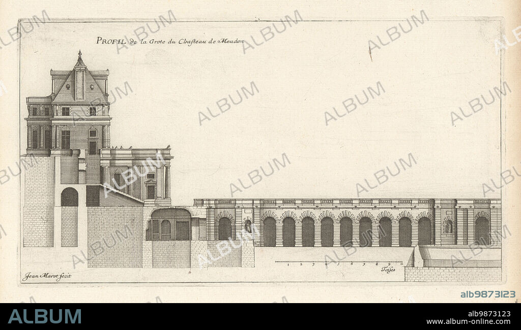 Profile of the Grotto of Meudon Castle, Chateau Meudon, designed by architect Gabriel Soulignac in 1618. Profil de la Grote du Chasteau de Meudon desseignee et gravee par Jean Marot Architecte. Copperplate engraving drawn and engraved by Jean Marot from his Recueil des Plans, Profils et Elevations de Plusieurs Palais, Chasteaux, Eglises, Sepultures, Grotes et Hotels, Collection of Plans, Profiles and Elevations of Palaces, Castles, Churches, Tombs, Grottos and Hotels, chez Mariette, Paris, 1655.