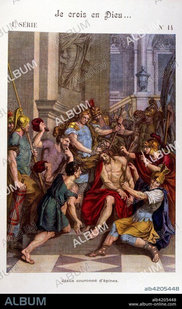 Illustration from the 'Grand Catechism for Families'. 1907. depicting 'Ecce homo' ("behold the man". the Latin words used by Pontius Pilate in the Vulgate translation of John 19:5. when he presents a scourged Jesus Christ. bound and crowned with thorns. to a hostile crowd shortly before his Crucifixion.