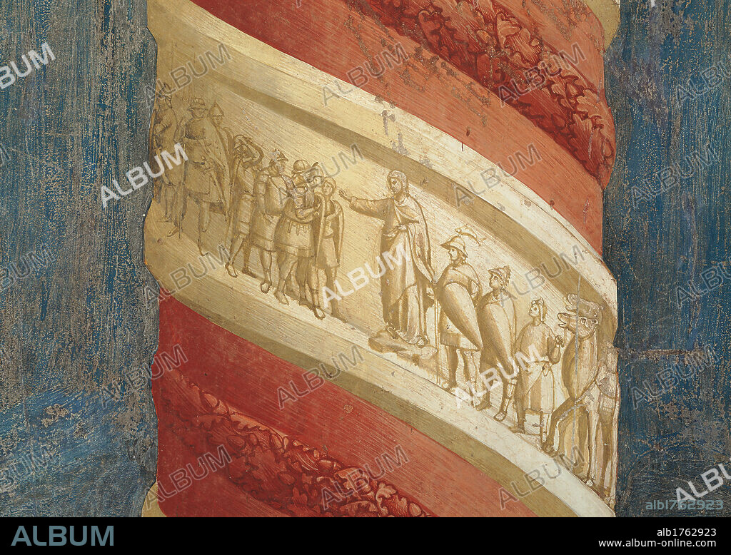 Stories of St Francis The Liberation from Prison of Pietro of Assisi the Heretic, by Giotto, 1300-1300, 14th Century, fresco, cm 270 x 230. Italy, Umbria, Perugia, Assisi, Upper Basilica of San Francesco, nave. Detail. Historiated spiral twisted column marble decoration sculpture bas relief.