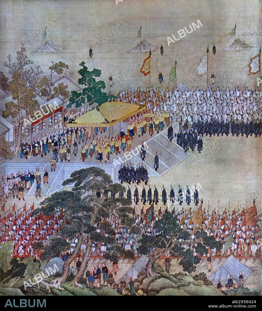 The travelling court of an eighteenth century chinese emperor. Possibly, the Qianlong Emperor (Chien-lung, 1711 – 1799). sixth emperor of the Manchu-led Qing Dynasty, and the fourth Qing emperor to rule over China proper. reigned from 1735 to 1796.