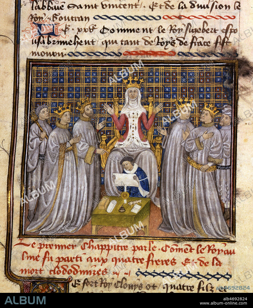 Partage du royaume Franc entre les quatre fils de Clovis, en presence de CLOTHILDE (475-545), en 511 (VIe, 6e, 6eme s.). Enluminure tiree des Grandes Chroniques de St Denis, publiees vers 1400. Manuscrit medieval conserve a la bibliotheque municipale de Toulouse. Credit : Coll. J.Vigne/ KHARBINE-TAPABOR.