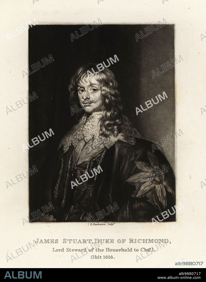 James Stuart, 1st Duke of Richmond, 1612-1655. Scottish nobleman, royalist and Lord Steward of the House of King Charles I. Mezzotint engraving by Robert Dunkarton after a full-length portrait by Sir Anthony van Dyke from Richard Earlom and Charles Turner's Portraits of Characters Illustrious in British History Engraved in Mezzotinto, published by S. Woodburn, London, 1814.