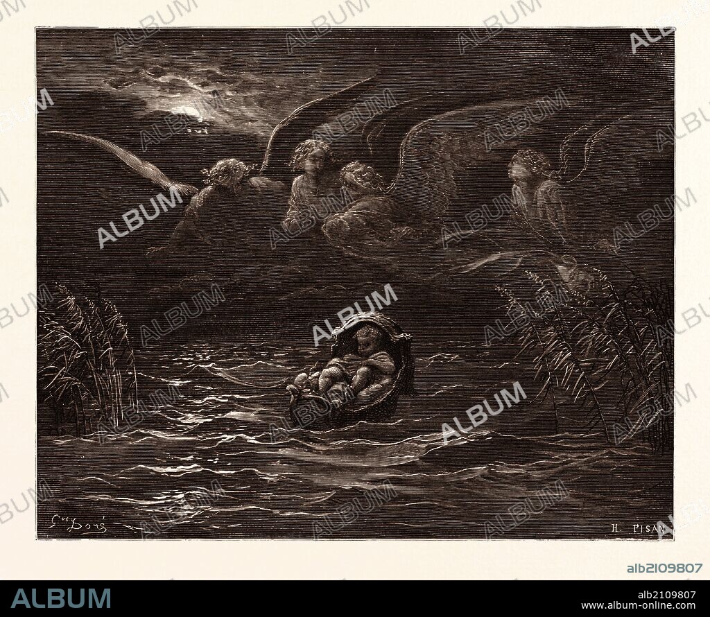 THE CHILD MOSES ON THE NILE, BY GUSTAVE DORÉ. Gustave Dore, 1832 - 1883, French. Engraving for the Bible. 1870, Art, Artist, holy book, religion, religious, christianity, christian. Wood engraving by Heliodore Joseph Pisan after Gustave Dore, with signatures in the print. romanticism, colour, color engraving.
