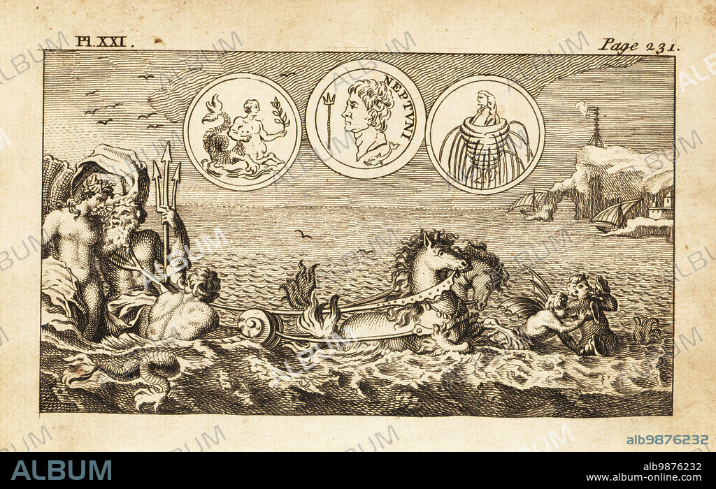 Neptune, Roman god of the seas, with queen Amphitrite. Shown with sceptre and trident, in a scallop chariot drawn by seahorses and mermen. Copperplate engraving from Andrew Tookes The Pantheon, Representing the Fabulous Histories of the Heathen Gods, London, 1757.