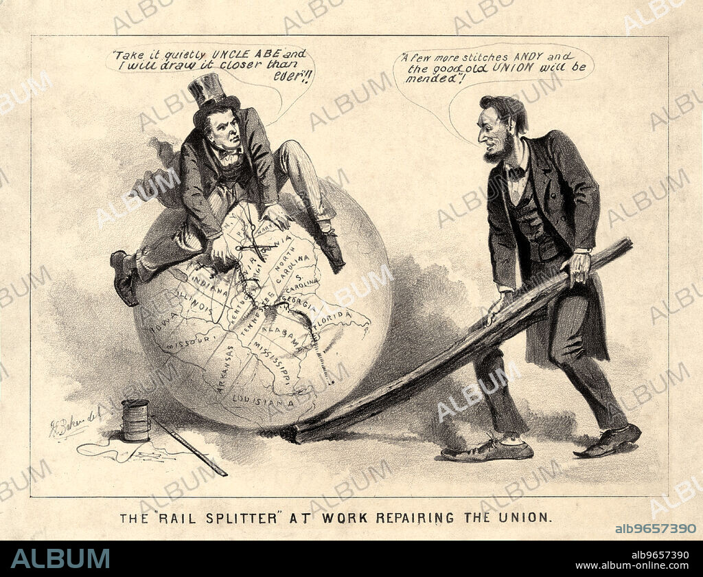 The "Rail Splitter" at Work Repairing the Union", Political Cartoon Featuring U.S. President Abraham Lincoln and Vice President Andrew Johnson, Joseph E. Baker, 1865.