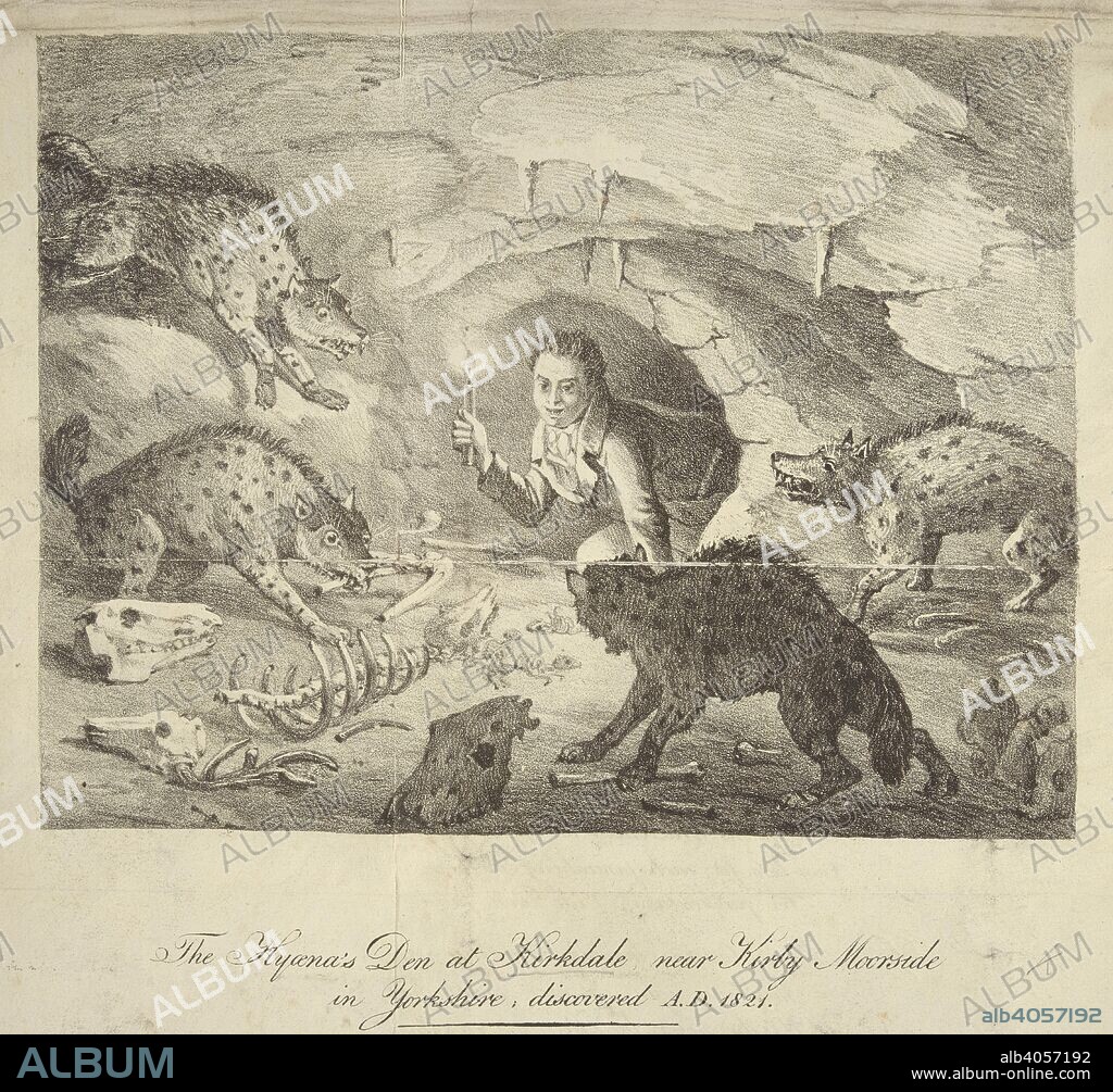 WILLIAM BUCKLAND. A lithograph drawing showing a person entering a Hyena's Den. Kirkdale Cave is a cave located in Kirkdale near Kirkbymoorside in the Vale of Pickering, North Yorkshire, England. The cave was discovered by workmen in 1821, and was found to contain fossilized bones of a variety of mammals not currently found in Great Britain, . The Hyena's Den at Kirkdale, near Kirby Moorside in Yorkshire, discovered A.D. 1821 [by W. Buckland. Verses upon the subject by W. D. Conybeare, with a lithograph drawing, and a MS. letter from Dr. Buckland to Archdeacon Wrangham]. [London?, 1822]. Source: 1254.k.1.(1).