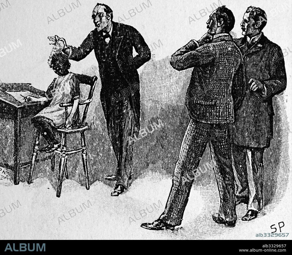 The Adventure of the Yellow Face. From Conan Doyle 'The Adventures of Sherlock Holmes', London, 1893 Sherlock Holmes reveals to Jack Grant Munro and Watson, right, the reason for the suspicious behaviour of the former's wife - that her first, dead, husband was black and she is keeping his child with a nurse in a nearby cottage.Illustration by Sidney E. Page (1860-1908), the first artist to draw Sherlock Holmes.