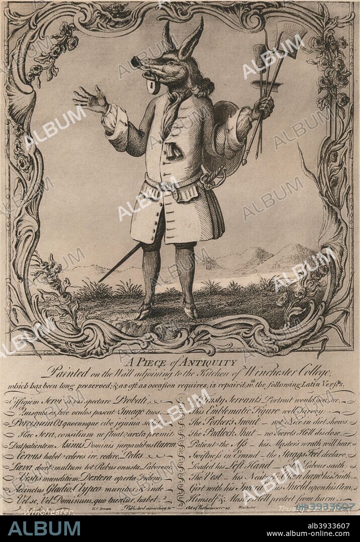 'The Trusty Servant', 1579 (early 20th century(?)). Wall painting by the poet John Hoskins outside the kitchen of Winchester College, Hampshire. From Winchester. [L Newman, The Square, London, ].