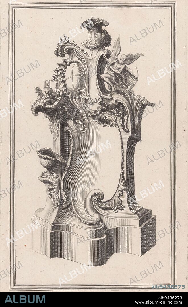 Design with Father Time, Balthasar Sigmund Setletzky, after Christian Friedrich Rudolph, 1727 - 1754, Design for an altar or epitaph with rocaille ornaments and on the left a vase. At top Father Time with scythe and a winged skull with hourglass., print maker: Balthasar Sigmund Setletzky, Christian Friedrich Rudolph, erven Jeremias Wolf, Augsburg, 1727 - 1754, paper, etching, engraving, h 336 mm × w 207 mm.