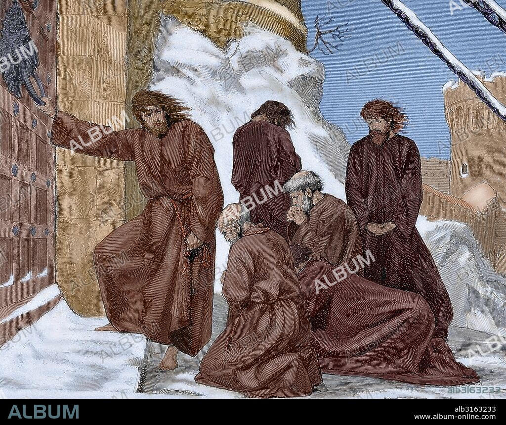 Henry IV (1050-1106). Holy Roman emperor. Henry IV at the entrance of the castle of Canossa (1077) to obtain the revocation of his excommunication of the Pope Gregory VII. Engraving. Colored.