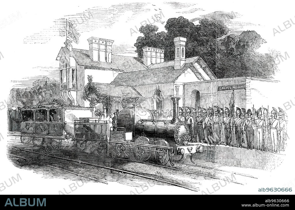 Arrival of Her Majesty at the Castle Howard Railway Station, 1850. Queen Victoria visits the Earl of Carlisle in North Yorkshire. 'Notwithstanding the unfavourable state of the weather...numbers of people flocked in from the surrounding district to witness her Majesty's arrival. Trains laden with loyal subjects arrived from Scarborough; and we encountered one indefatigable lady who had come all the way from Bath to have a good view of her Majesty and the Royal family. At the Castle Howard railway station, which is about three miles distant from the Earl of Carlisle's seat, a few very simple preparations were made for her Majesty’s reception. An awning, decorated with flowers and evergreens, was erected in communication with the station, through which the Royal party might pass, protected from the weather, to their carriages'. From "Illustrated London News", 1850.