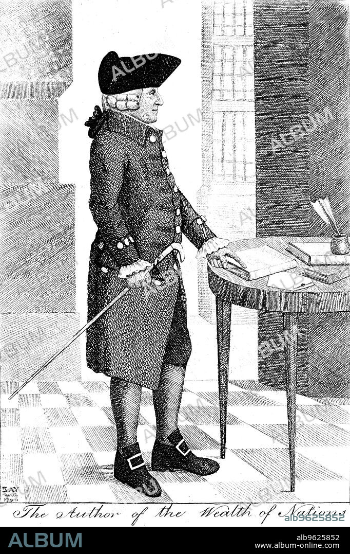 JOHN KAY. Adam Smith (1723-1790), Scottish philosopher and economist, 1790. He is pictured standing wearing a hat and wig and carrying a cane, pointing to a book on a table. Smith was the author of the highly influential Inquiry into the Nature and Causes of the Wealth of Nations, published in 1776.