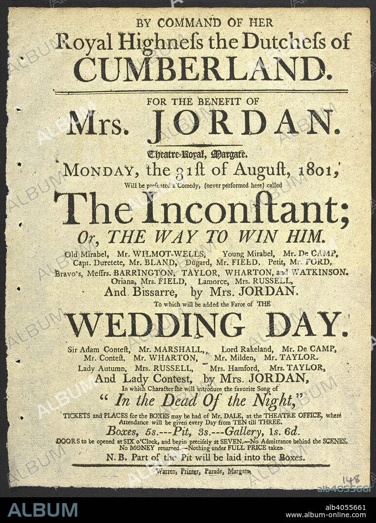 A playbill for 'The Inconstant; or, the Way to Win Him' at the Theatre Royal, Margate . A Collection of the playbills of the Theatre Royal, Margate, from 1793 to 1801. Margate, [1793-1801]. Source: Playbills 422.(148). Language: English.