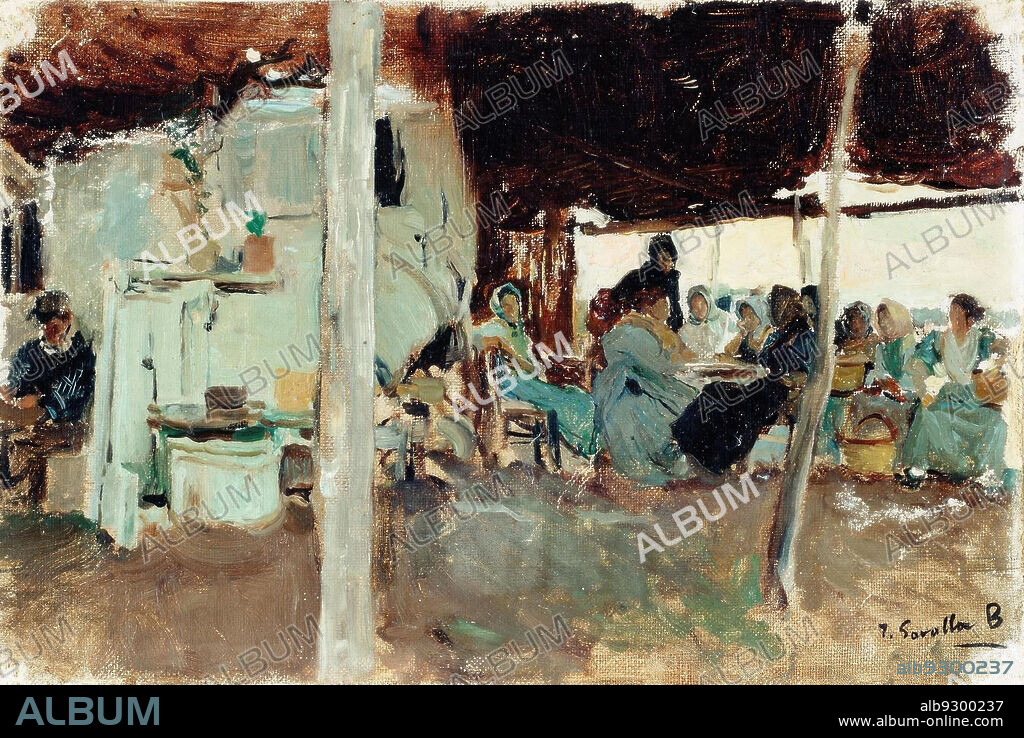 JOAQUIN SOROLLA Y BASTIDA. Joaquín Sorolla/ Merendero en la playa de Valencia, 1894-1895. Óleo sobre tela, 8,20 x 27,40 cm.