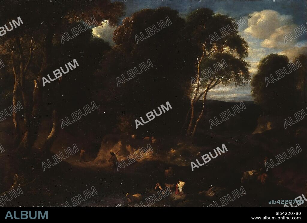 CORNELIS HUYSMANS. 'Forest Landscape with Human Figures'. Flanders, No later than1682. Dimensions: 58x87 cm.