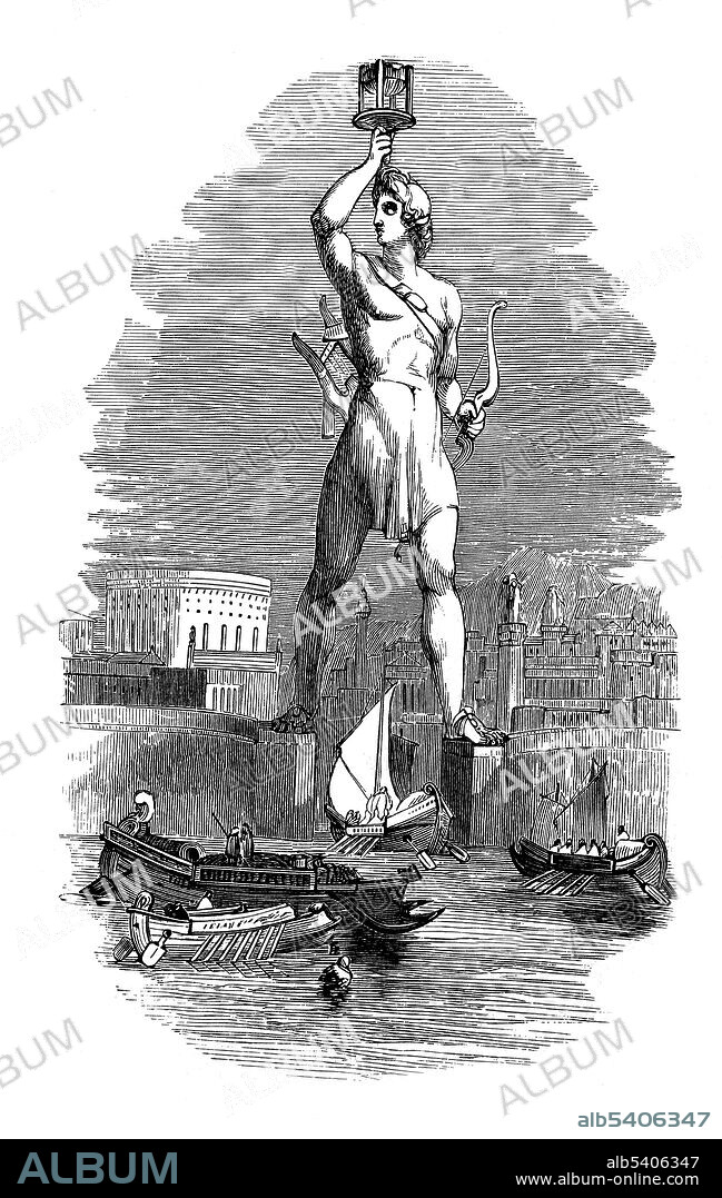 The Colossus of Rhodes, an enormous bronze statue of the Greek sun god Helios, was one of the Seven Wonders of the Ancient World and stood at the entrance to the harbor at Rhodes. The statue, completed in 282 BC, was 33 meters tall. It was destroyed 56 years later in an earthquake. Illustration from The Seven Wonders of the World by Theodore Alois Buckley, 1854.