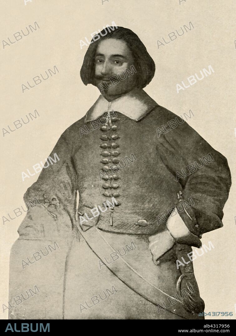 'Portrait of Sir John Leverett, Governor or Massachusetts Colony, showing buff coat and plain band of a soldier in reign of Charles I', 1640-1660, (1937). John Leverett (1616 -1679) English colonial magistrate, merchant, soldier and  penultimate governor of the Massachusetts Bay Colony. From "History of American Costume - Book One 1607-1800", by Elisabeth McClellan. [Tudor Publishing Company, New York, 1937].