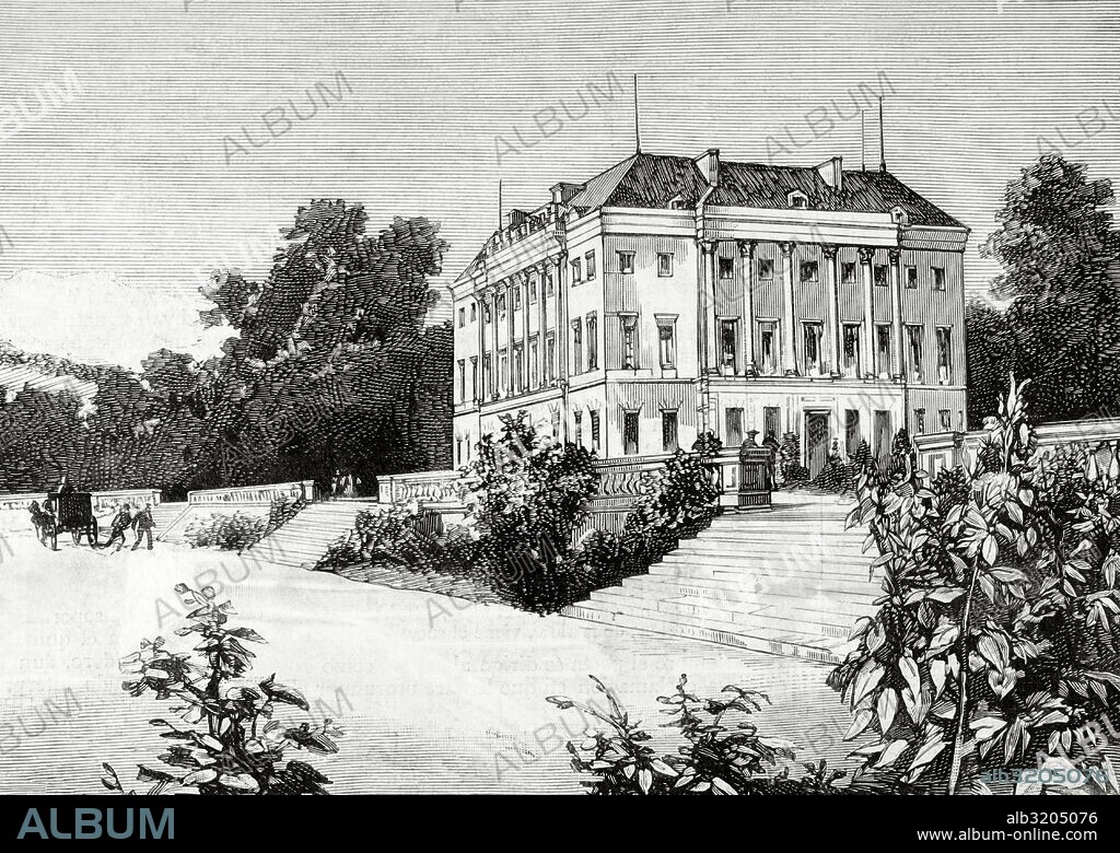 Enrique de Francia, Conde de Chambord (1820-1883). Príncipe real francés. Vista exterior de la residencia señorial del Conde Chambourd, Frohsdorf, Baja Austria. Grabado por Rico. La Ilustración Española y Americana.