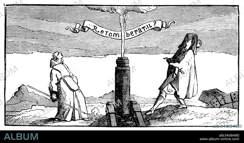 Engraving depicting Marin Mersenne performing an experiment to prove the rotation of the earth: ball fired from vertical cannon did not fall back down the barrel. Marin Mersenne (1588-1648) a French theologian, philosopher, mathematician and music theorist. Dated 17th Century.