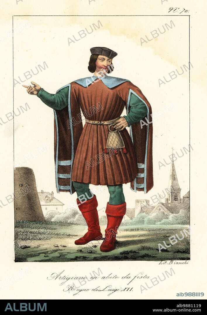 French artisan in costume for a festival, 1512. In cap, mantle with split sleeves, wide collar, belt with almoner, hose, red boots. Artisan en habit de fete. Regne de Louis XII. Handcoloured lithograph by Lorenzo Bianchi after Hippolyte Lecomte from Costumi civili e militari della monarchia francese dal 1200 al 1820, Naples, 1825. Italian edition of Lecomtes Civilian and military costumes of the French monarchy from 1200 to 1820.