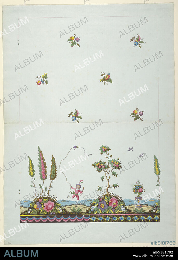 Design for a Block-printed Cotton Handkerchief, Gouache, Boy flying a kite, wearing a pink suit and a hat with two feathers. Seascape with small islands and boats in background., Geneva, Switzerland, ca. 1801, textile designs, Drawing, Drawing.