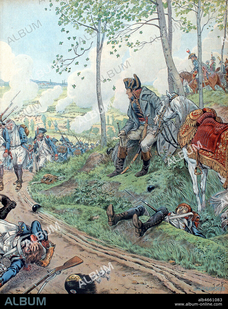 Marengo, 14/06/1800, en attendant Desaix. Le 14/06/1800, Napoleon Bonaparte (1769-1821) bat les Autrichiens, a Marengo, pres d'Alexandrie, dans le piemont Italien. Louis Charles Antoine Des Aix (1768-1800) dit Desaix meurt sur le champ de bataille. Chromotypographie de Job, in 'Bonaparte' de G. Montorgueil, éd. Paris, 1910. Credit : Collection Grob /Kharbine-Tapabor.