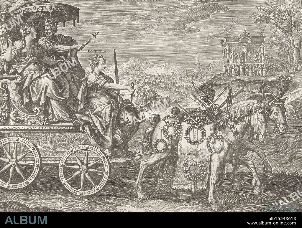 Antwerp, Galle, Philips, Vos, Maerten de, Collaert, Adriaen, Trium Humani generis ordinum sive statuum, The divine tasks of the three estates, Task of the nobility, verso center bottom - stamped, A triumphal chariot with the representative of the worldly power, the king. Next to him sits the allegorical figure of Wisdom. The triumphal chariot is drawn by two horses, Reward (decorated with laurel wreaths) and Punishment (decorated with means of discipline such as rod and whip) and driven by the allegorical figure of Justice. In the background some tasks of worldliness: punishing criminals and maintaining order. On a rhetorician's podium two tableaus vivants: one of reward and one of punishment. The print has a Latin inscription and a Latin subtitle and is part of a four-part series on the divine tasks of the three estates., print, prints, height 229 mm, width 296 mm, Southern Netherlands (before 1775), 1560 - 1618-06-29, print maker, printmaker, 1583 - 1588, paper, engraving, engraving (printing process), Work conception, Southern Netherlands, 1532 - 1603-12-04, after a design by, Publication (Event), Publication, 1537 - 1612-03-29, publisher.