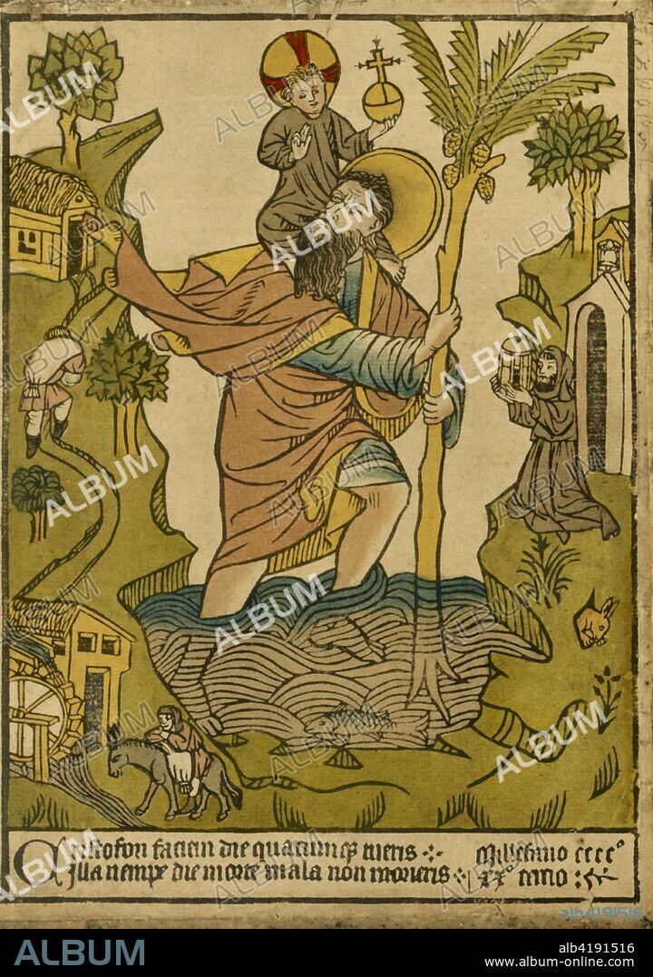 'St. Christopher. 1423', 1915. St Christopher (Christ-bearer) carrying Christ across the stream. Legend has it that St Christopher was a 3rd century Canaanite giant whose task was to carry travellers across the water. One day he had to carry a child across the stream, but as he did so the child grew continually heavier until it seemed to Christopher that he was carrying the weight of the whole world on his shoulders. When questioned the child revealed himself as Christ, and as proof ordered Christopher to plant his staff in the ground. The next morning the staff had been miraculously transformed into a fruit-bearing palm tree. The miracle led to many people converting to Christianity, which enraged the local ruler, who had Christopher imprisoned, tortured and finally, beheaded. From "Woodcuts of the Fifteenth Century in the John Rylands Library - Manchester". [The University Press, Longmans, Green & Company and Bernard Quaritch, Manchester, London, New York, Bombay, Calcutta, Madras, 1915].