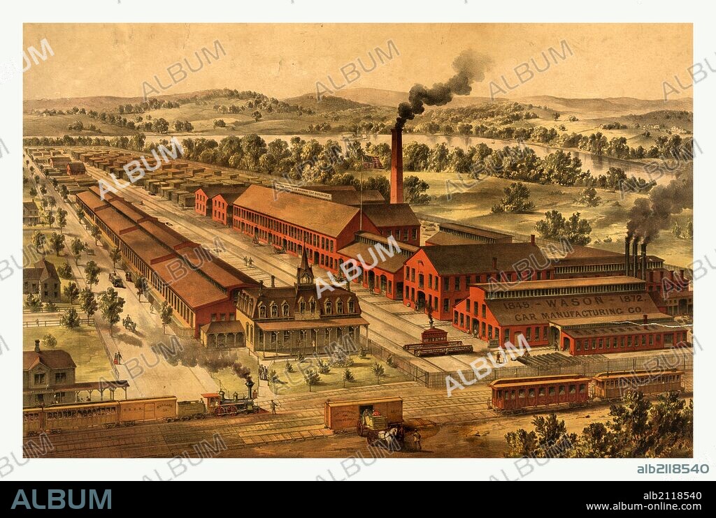 Wason Manufacturing Company of Springfield, Mass. railway car builders, car wheels and general railway work by Charles Parsons, 1821-1910, US, USA, America, US, USA, America.