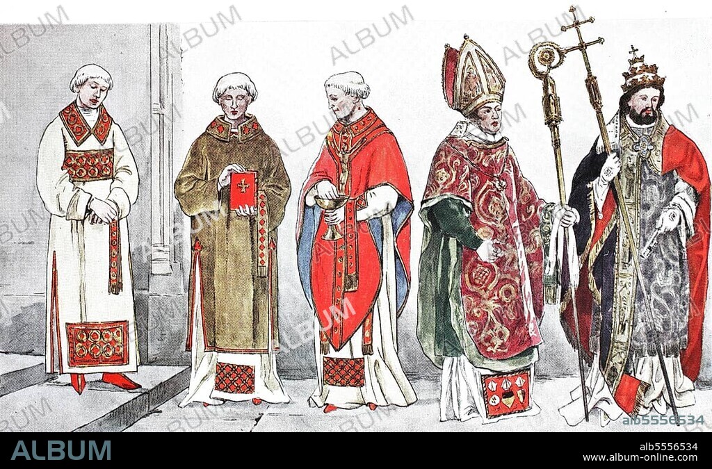 Clothing, fashion, costumes of priests, bishops and popes from the 14th to 18th centuries, from left, Roman deacon c. 1460, a Flemish deacon c. 1460, a priest in mass regalia c. 1470, bishop in double casula over dalmatica and alba and mitre, and a pope in the habit of office, i. e. as bishop of the Lateran Church in Rome, digitally improved reproduction of a 19th century illustration