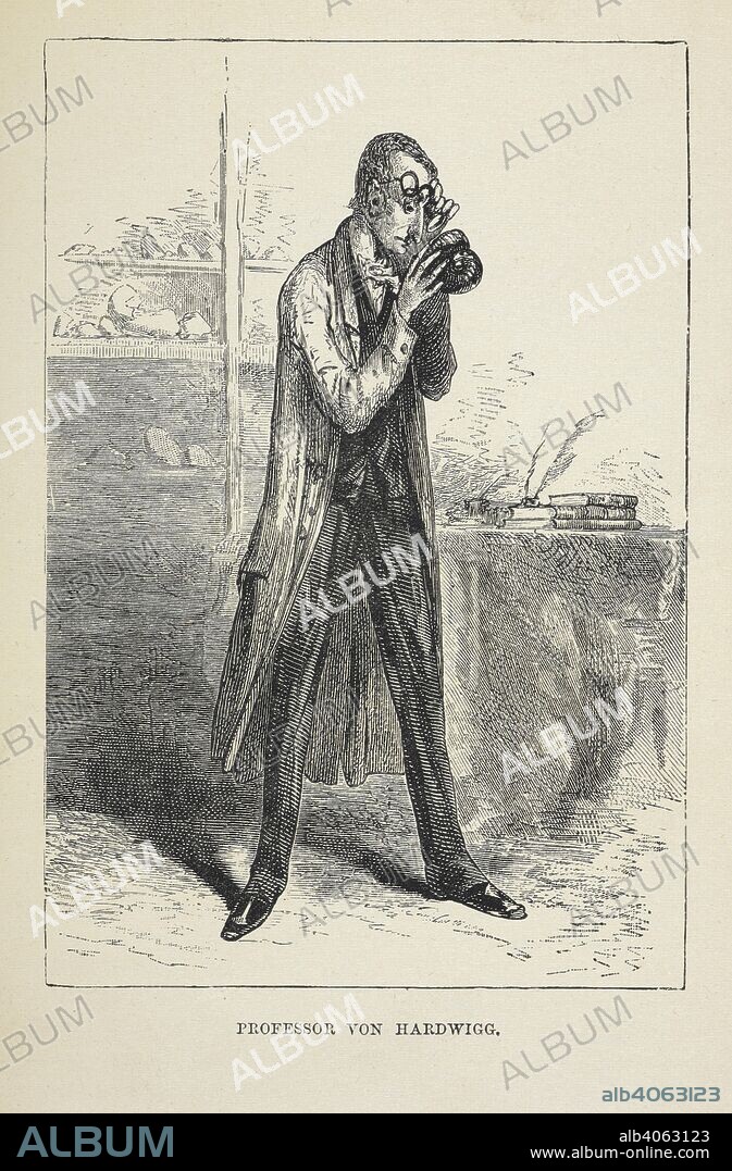 JULES VERNE. Illustration showing Professor Von Hardwigg, a German professor (Otto Lidenbrock in the original French version of the novel), who believes there are volcanic tubes going toward the center of the Earth. A Journey to the Centre of the Earth New edition With illustrations, etc. Griffith & Farran: London & Sydney, [1891.]. Source: 012548.eee.6 opposite page 12.
