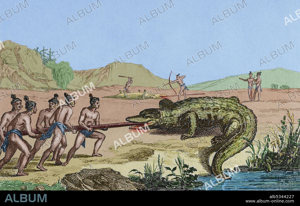 CLAUDE FRANçOIS FORTIER (1775-1835). FRENCH ENGRAVER.. 16th century French expedition. Florida. Crocodile hunting. In the expedition Jacques Le Moyne de Morgues (1533-1588) made the illustrations. 19th century engraving by Fortier after the original of Jacques Le Moyne. Panorama Universal. History of the United States of America, from 1st edition of Jean B.G. Roux de Rochelle's Etats-Unis d'Amérique in 1837. Spanish edition, printed in Barcelona, 1850. Later colouration.
