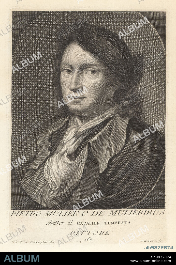 Cavalier Pietro Tempesta or Pieter Mulier II, Dutch Golden Age painter active in Italy, 1637-1701. Pietro Mulier o de Mulieribus, detto il Cavalier Tempesta, Pittore. Copperplate engraving by Pietro Antonio Pazzi after Giovanni Domenico Campiglia after a self portrait by the artist from Francesco Moucke's Museo Florentino (Museum Florentinum), Serie di Ritratti de Pittori (Series of Portraits of Painters) stamperia Mouckiana, Florence, 1752-62.