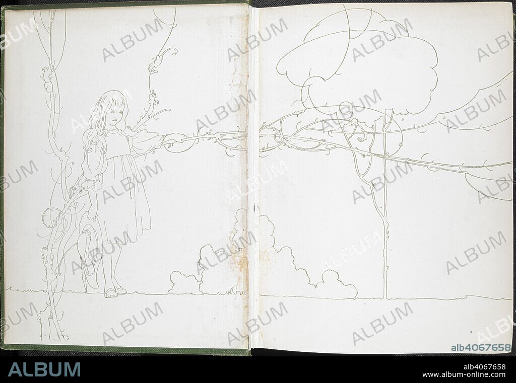 A line drawing showing Mary Lennox in the garden. The secret garden / by Frances Hodgson Burnett ; illustrated by Charles Robinson. London : William Heinemann, 1911. Source: RB.23.a.35505 front end paper.