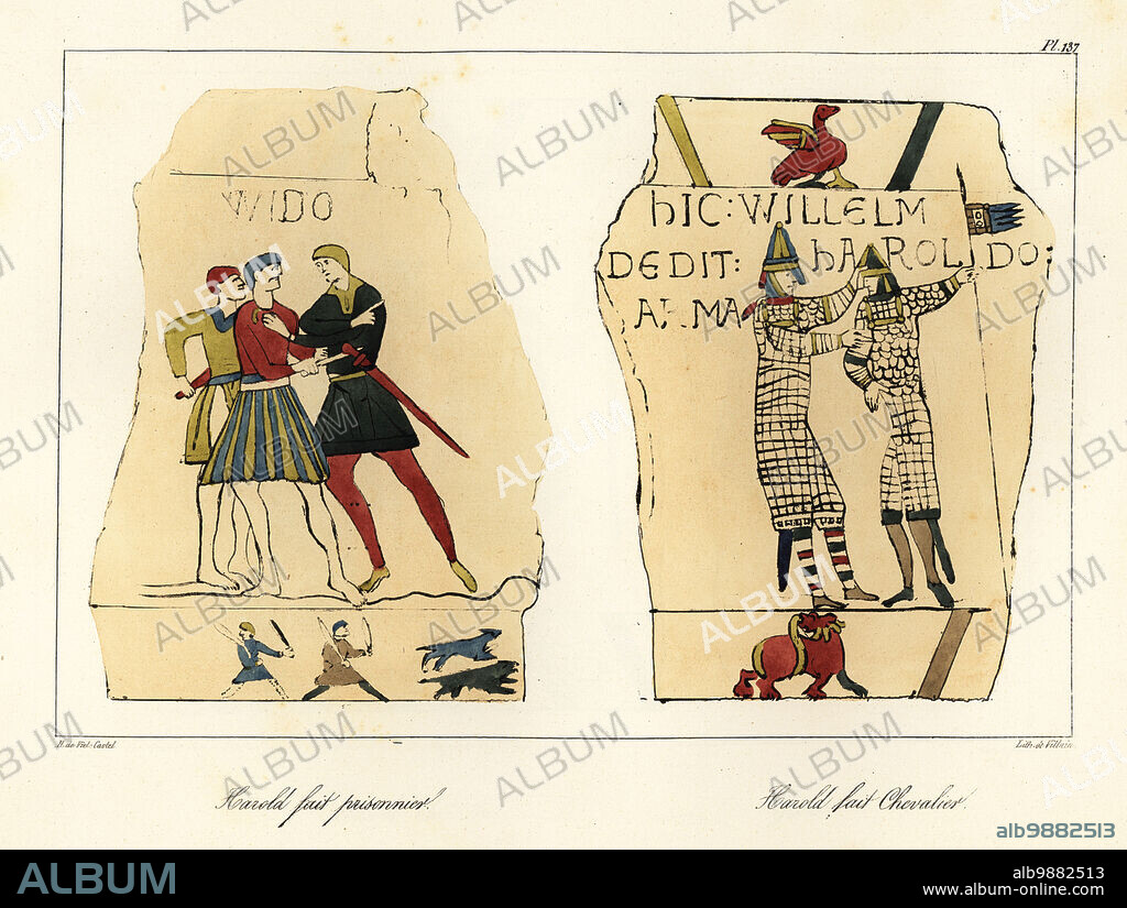 Harold Godwinson captured by Wido, Count Guy de Ponthieu and Harold knighted and armed with suit of chainmail and pennon by William of Normandy. Scenes from the Bayeux Tapestry of the Norman Conquest, 1066. Harold fait prisonnier, Harold fait chevalier. Handcoloured lithograph by Villain after an illustration by Horace de Viel-Castel from his Collection des costumes, armes et meubles pour servir à l'histoire de la France (Collection of costumes, weapons and furniture to be used in the history of France), Treuttel & Wurtz, Bossange, 1829.