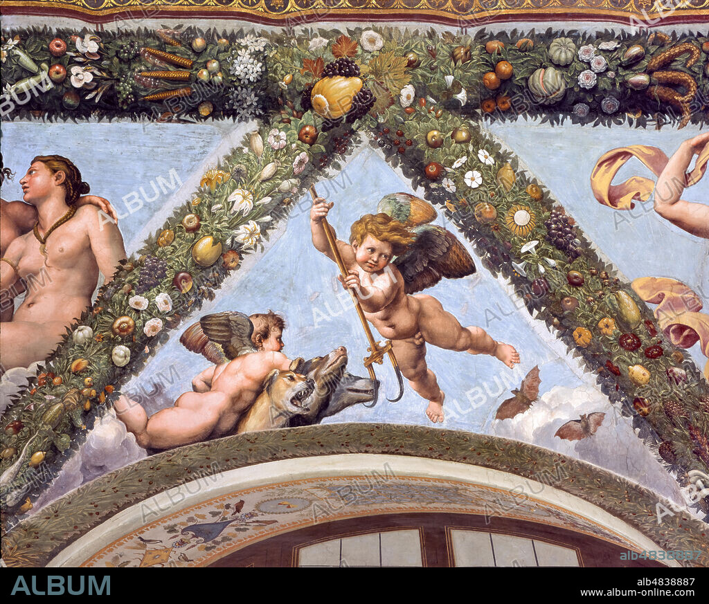 Rome, Villa Farnesina, Loggia of Cupid and Psyche: one vault pendentive depicting Cupids with Cerberus.. Drafted by Raphael, the vault has been depicted by his workshop: Raffaellino del Colle, Giovan Francesco Penni, Giulio Romano, Giovanni da Udine ,(1517-18).