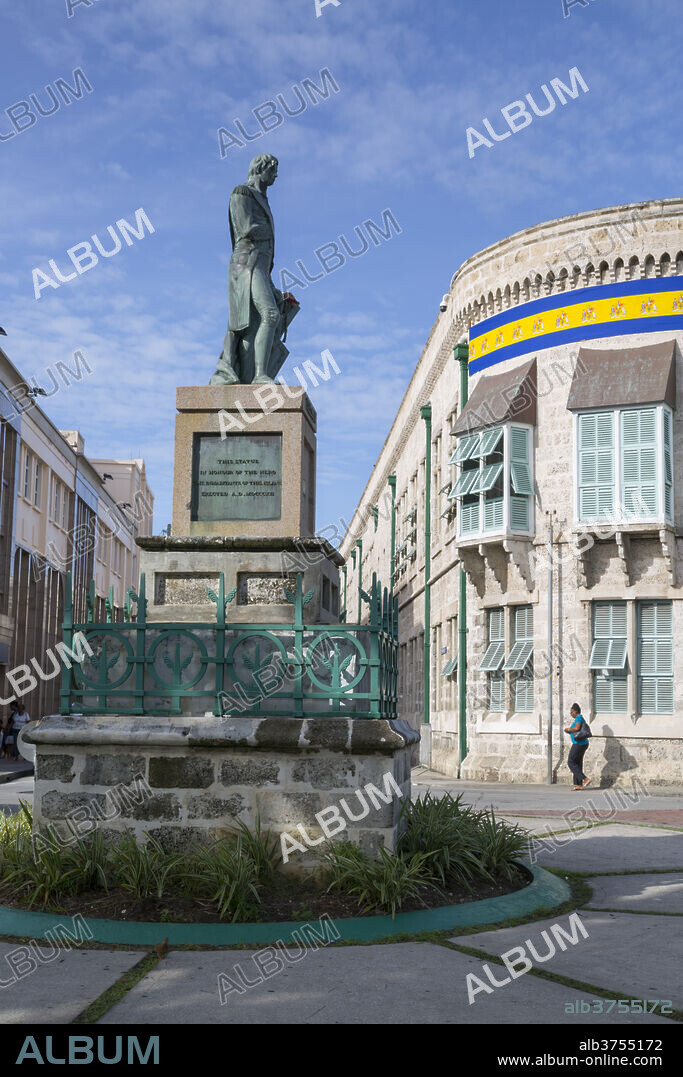 Nelson Statue and Parliament Building in National Heroes Square, Bridgetown, St. Michael, Barbados, West Indies, Caribbean, Central America.